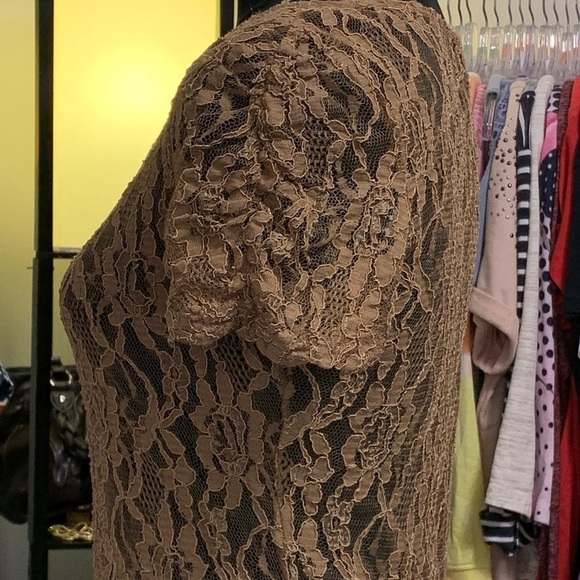 #28 Y2K Forever 21 Ruched Sleeve Tan Lace Knit Blouse Shirt Top Medium - Picture 3 of 5